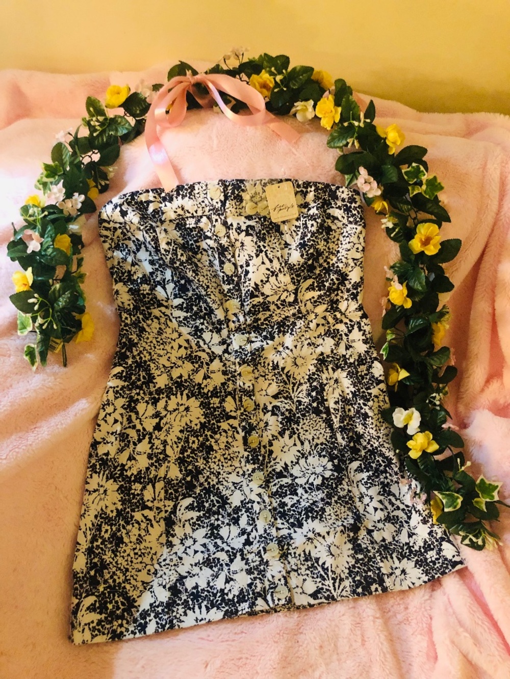 Free People Tomas Strapless Button up Short Dress in Dark Navy Combo SZ LG
